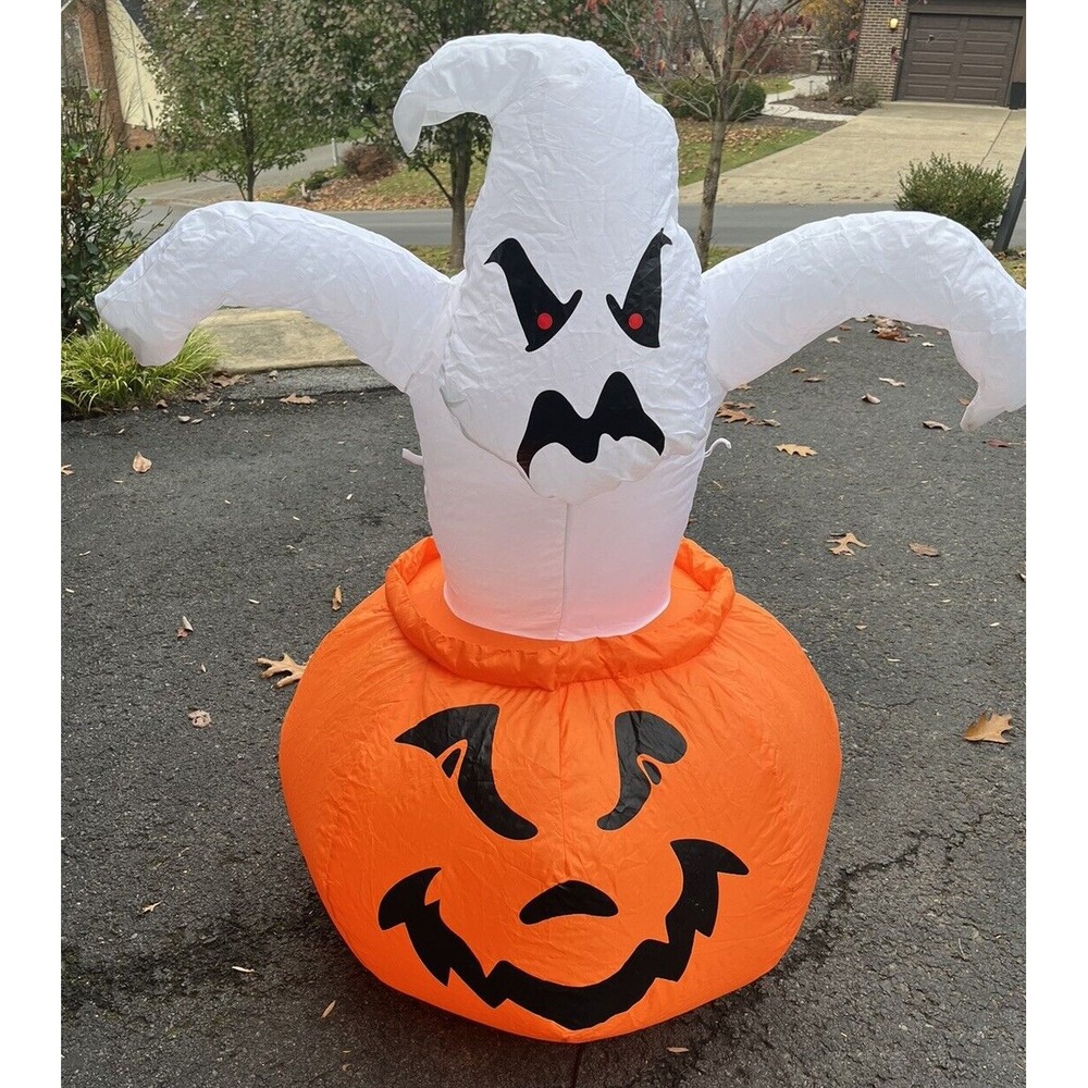 Halloween Gemmy 4 FT Lighted Ghost in Pumpkin Airblown Inflatable w/Box‎